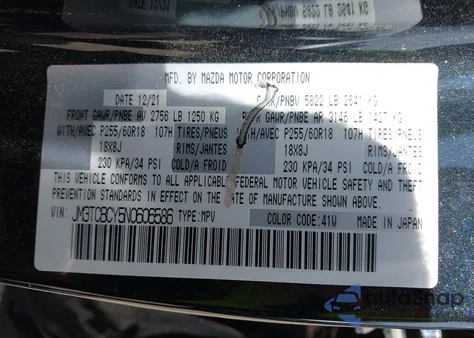 2022 Mazda Cx-9 Touring from USA, damaged, VIN JM3TCBCY5N0606586